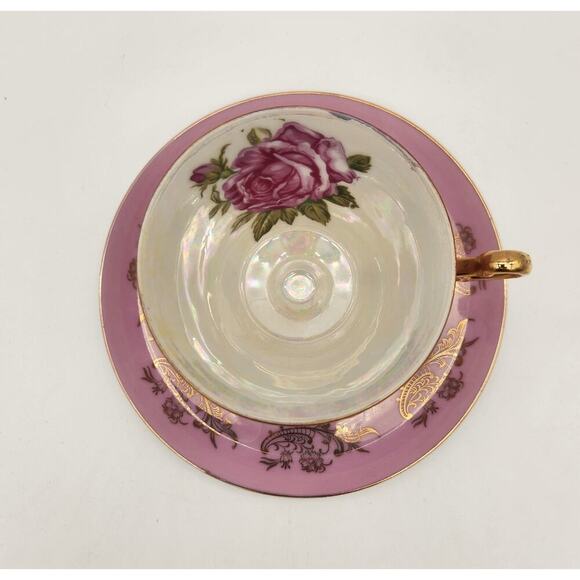 Royal Halsey Vintage Lusterware Pedestal Rose Tea Cup And Saucer Pink Gold‎ - Picture 5 of 9